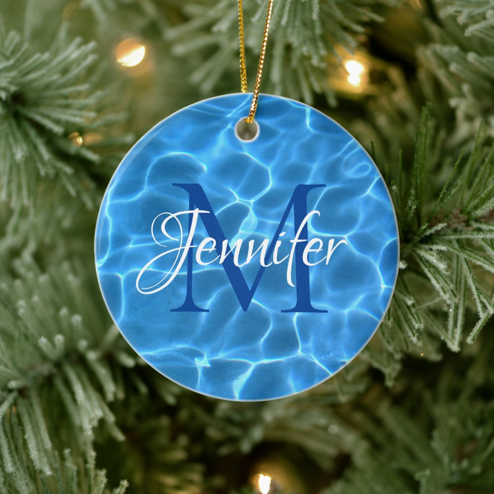aqua blue and white swimming pool photo monogram ceramic ornament r4ee804a199aa48369107bbec2b2669cb 05wi1 8byvr 1000 - Swimming Gifts