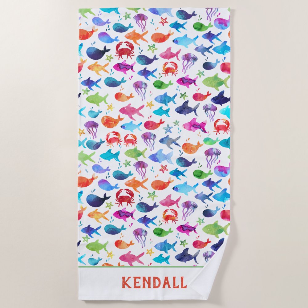 rainbow watercolor fish under the sea kids beach towel r845d40038fe2415699251de1a770add7 eapwm 1000 - Swimming Gifts