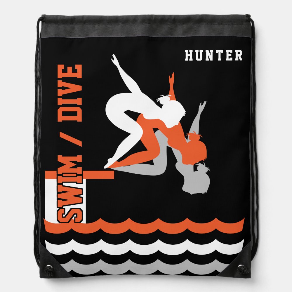swim dive team personalize team orange drawstring bag - Swimming Gifts