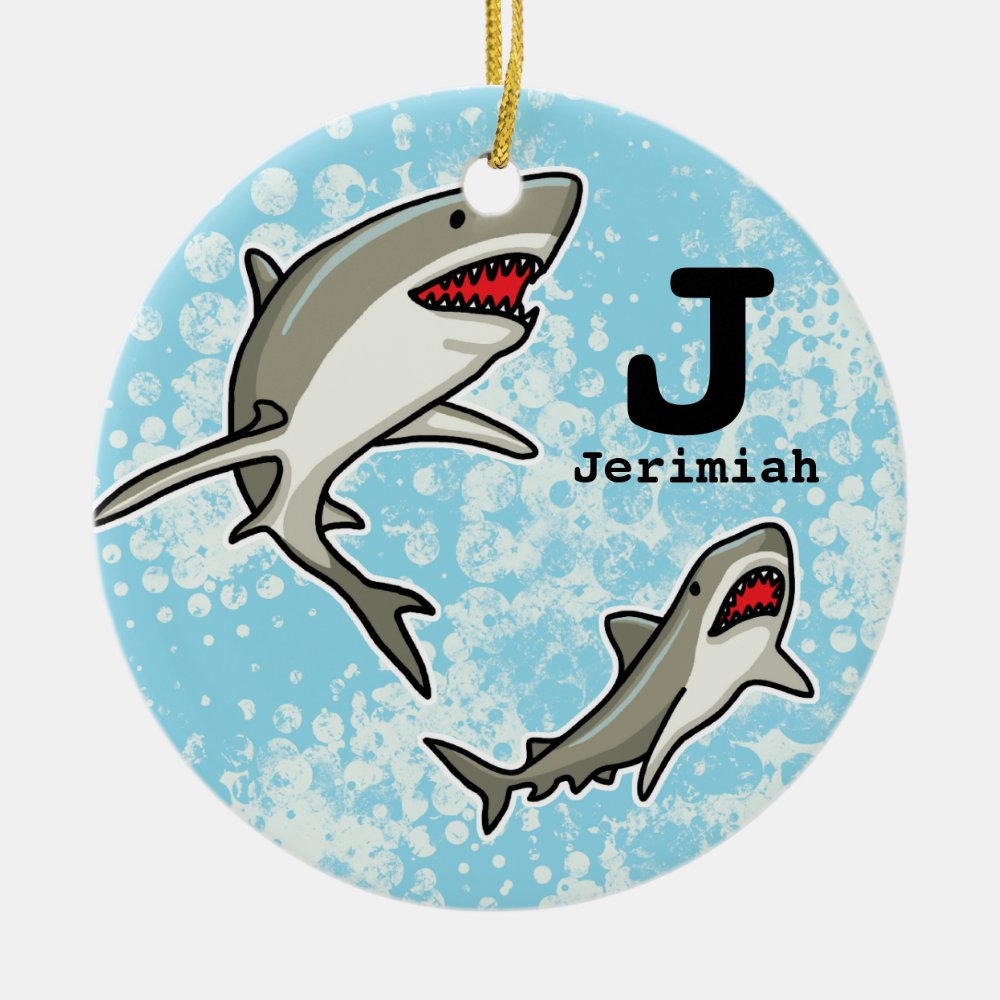 swimming sharks add childs name and monogram ceramic ornament - Swimming Gifts