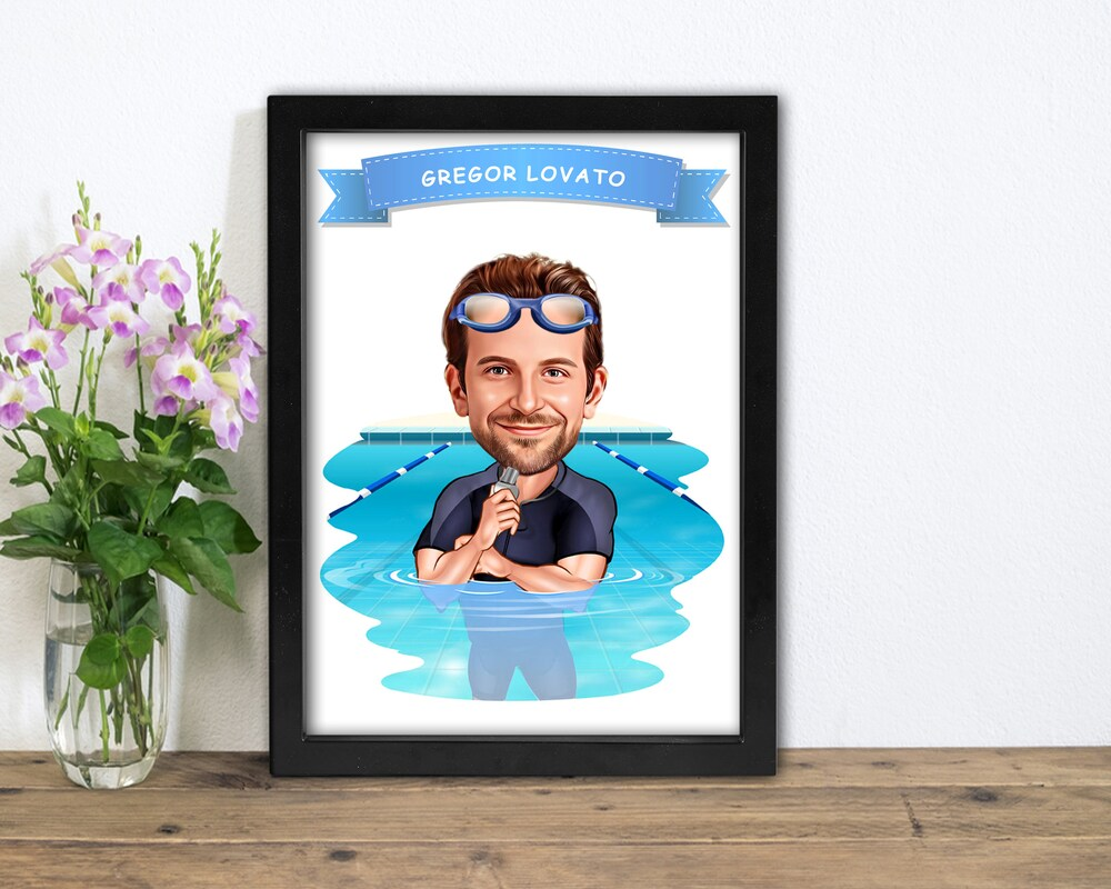 Personalized Cartoon Portrait Swimming Wall Art